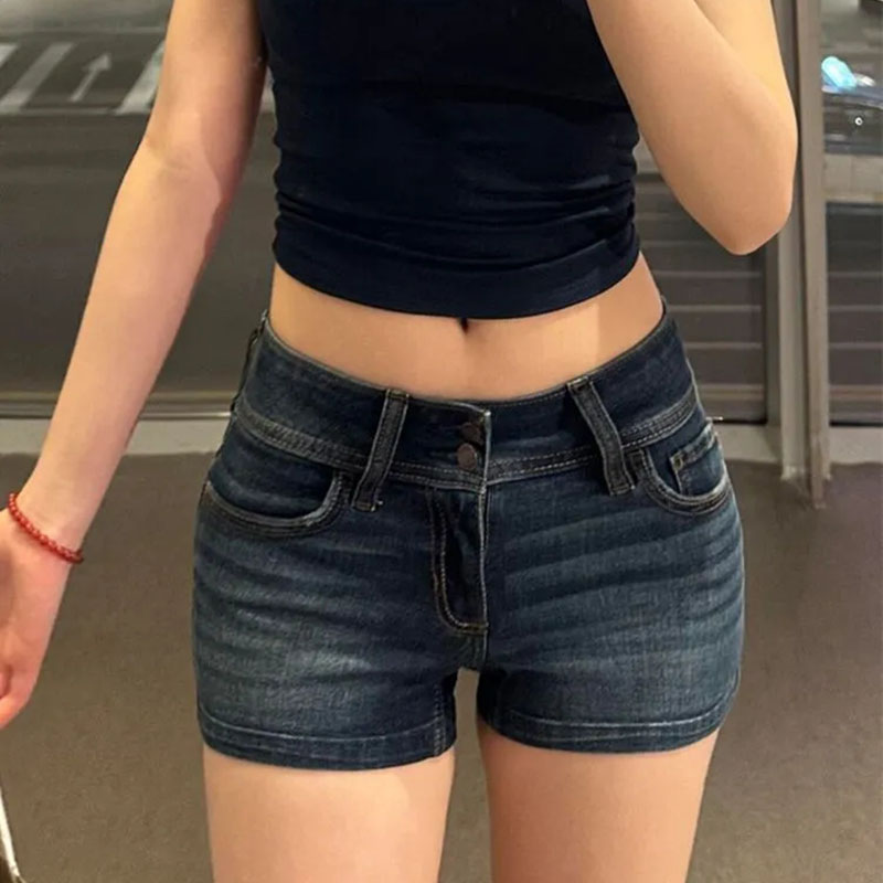 Denim Shorts Women - กางเกงยีนส์ขาสั้นสีน้ำเงินเข้มสไตล์เรโทร Y2K สำหรับผู้หญิง เอวต่ำ ยืดหยุ่น กระชับสะโพก