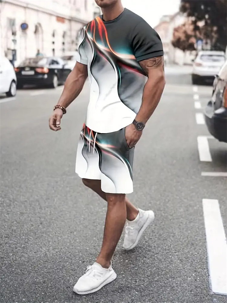 Women And Men Fashion - เสื้อยืดลายไล่เฉดสีสำหรับผู้ชายและผู้หญิง ชุดสองชิ้น กางเกงขาสั้น พิมพ์ลาย 3 มิติ
