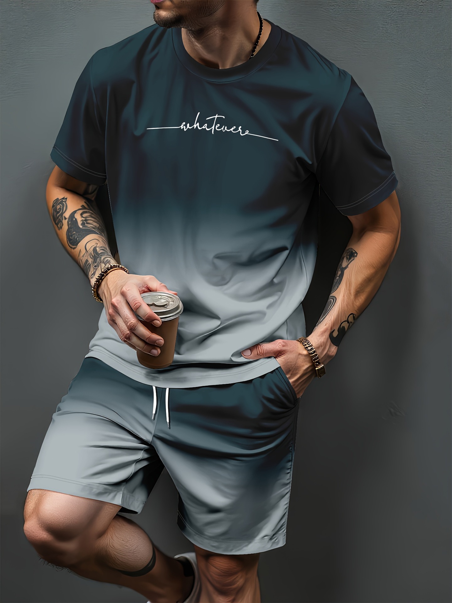 Women And Men Fashion - ชุดวอร์มพิมพ์ลายตัวอักษรไล่เฉดสี 3 มิติ สำหรับผู้ชายและผู้หญิง เสื้อยืดแขนสั้นลำลอง กางเกงขาสั้น