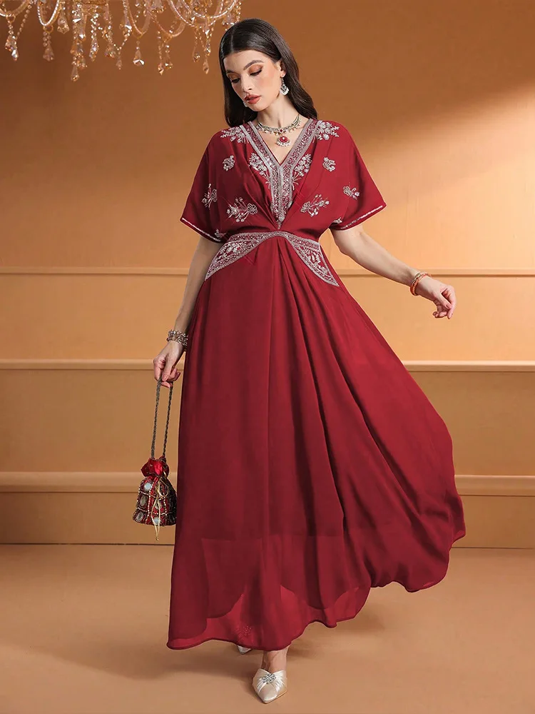Turkey Women Fashion - ชุดเดรสยาวคอวีประดับเพชรสำหรับผู้หญิงแฟชั่นสไตล์อาบายะดูไบ อาบายะตุรกี คาฟตัน ชุดมุสลิม โมร็อกโก คาฟตัน