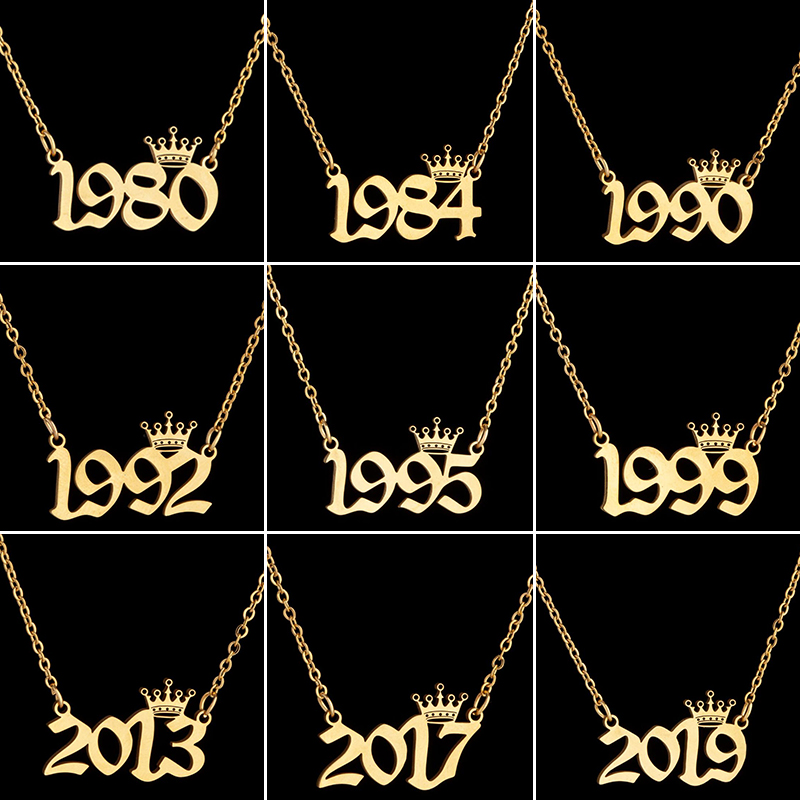 Women'S Fashion Year 2000 - มงกุฎสแตนเลสปีจํานวนสร้อยคอสําหรับหญิงชาย Birth พิเศษวันที่ 1985 1990 1996