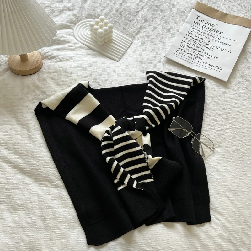 Women'S Fashion Website - ผ้าถักคลุมไหล่ลายทางสีดำและสีขาวเข้าได้กับเว็บไซต์ตกแต่งแฟชั่นเข้าได้กับทุกชุดผ้าพันคอป้องกันคอไซส์ใหญ่พิเศษสีแดง