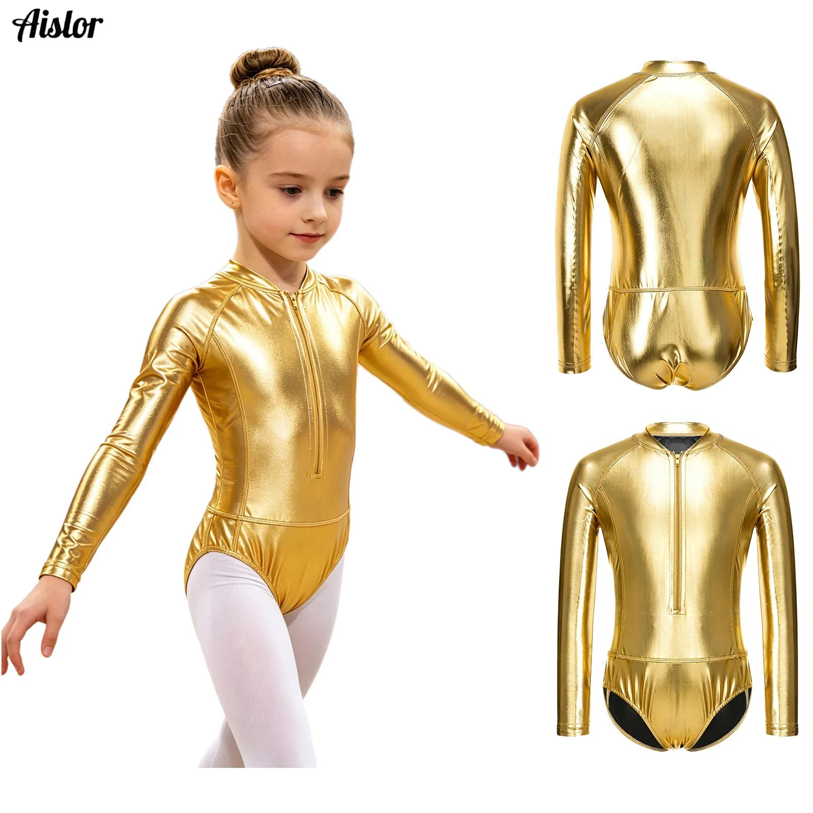 Turtleneck Bodysuit - ชุดลีโอตาร์ดสำหรับเด็กผู้หญิง ชุดยิมนาสติกลีลา แขนยาว ผ้าเมทัลลิกเงางาม พร้อมซิป สำหรับการแสดงแจ๊ส