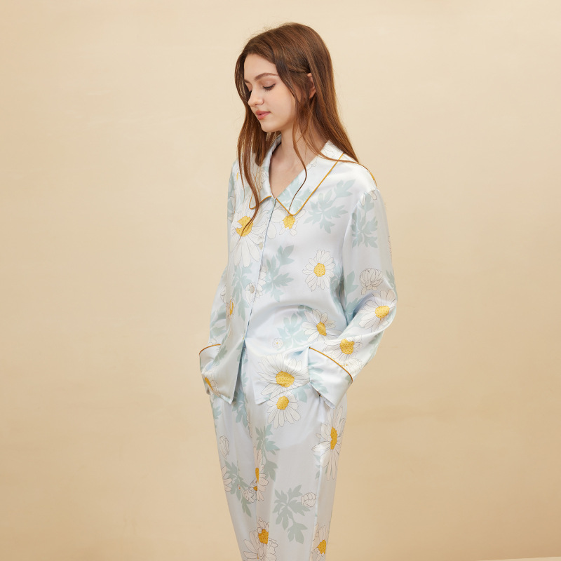 Women'S Fashion Suit - แฟชั่นชุดนอนพิมพ์ลายเดซี่ผู้หญิงแขนยาวหรูหรา 100% ผ้าไหมหม่อนชุดลำลองระดับไฮเอนด์ชุดสุภาพสตรีชุดนอน