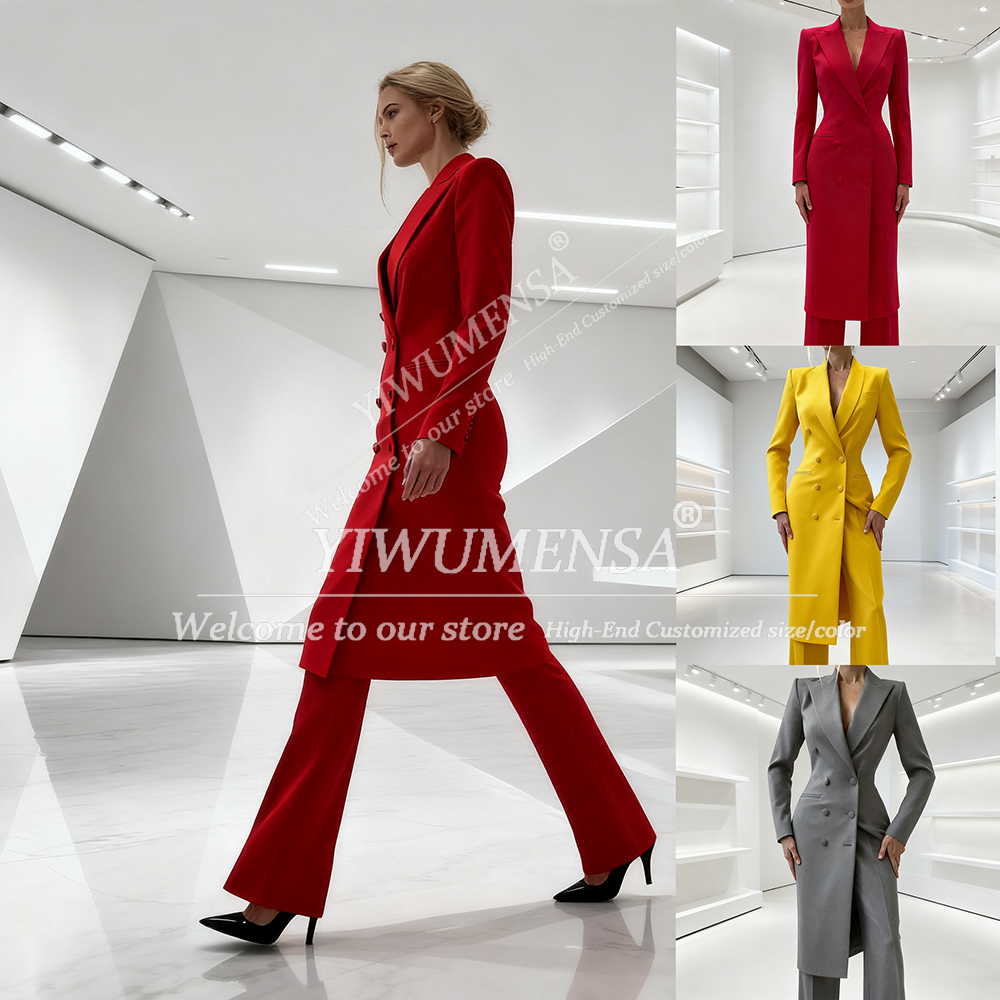 Women Fashion Jackets - ชุดสูทผู้หญิงแบบเรียบหรู 2 ชิ้น เสื้อแจ็คเก็ตปกแหลมติดกระดุมสองแถว กางเกงขายาว ชุดแฟชั่นสำหรับงานพรอม