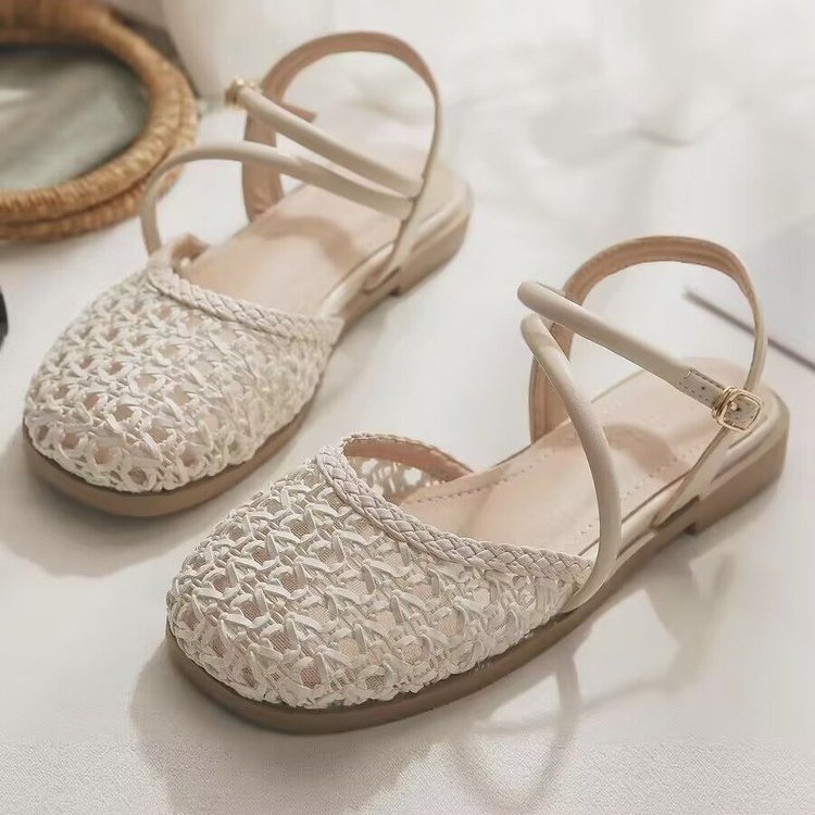 Women'S Fashion Sandals - รองเท้าแตะแบบปิดสไตล์ฝรั่งเศสสำหรับผู้หญิง สายรัดเดี่ยวแบบกลวงสำหรับฤดูร้อน ส้นหนา ไซส์ใหญ่