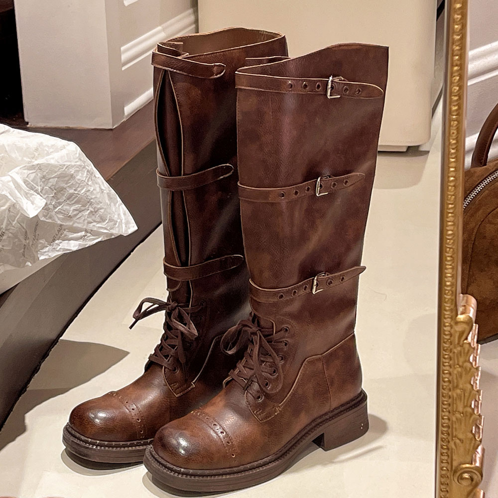 Women'S Fashion Riding Boots - รองเท้าบูทสูงถึงเข่าสำหรับผู้หญิง ดีไซน์หัวเข็มขัดแบบวินเทจ รองเท้าบูทแฟชั่นสไตล์นักรบ รองเท้าบูทหนังทรงยาว รองเท้าบูทยาวสำหรับผู้หญิง