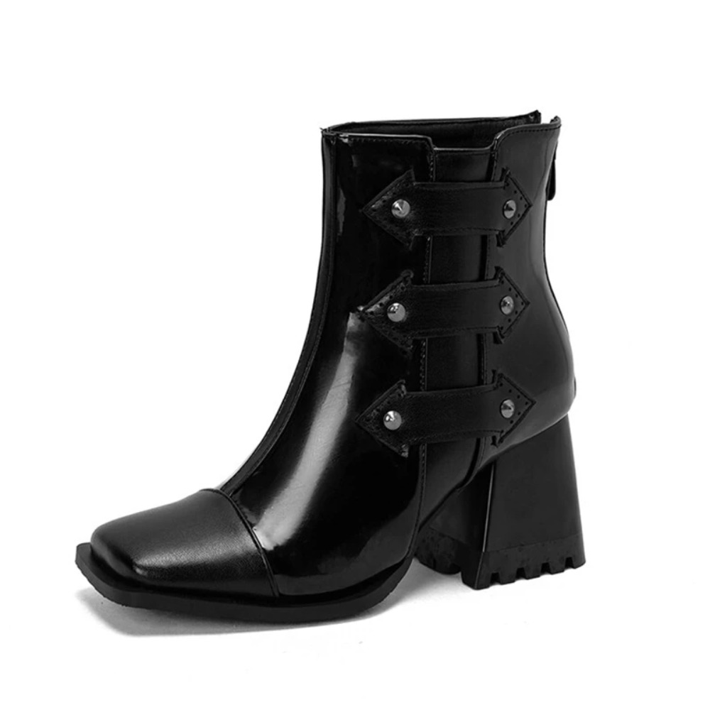 Women'S Fashion Riding Boots - รองเท้าบูทข้อเท้าผู้หญิง แฟชั่นหัวเหลี่ยม ส้นหนาสูง ซิปหลัง สำหรับฤดูใบไม้ร่วง ฤดูหนาว