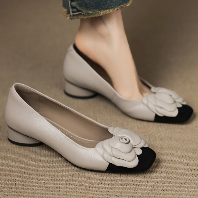 Women'S Fashion Line - รองเท้าส้นสูงแบบสวมสำหรับผู้หญิงไซส์ใหญ่ 34-41 ผลิตจากหนังแกะผสมสี ตกแต่งลายดอกไม้ สไตล์ OL