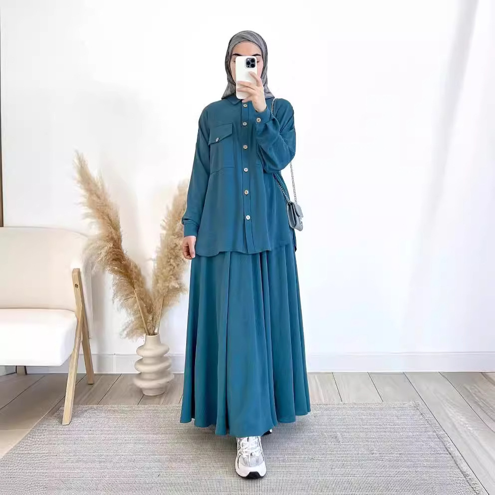 Turkey Women Fashion - 2 ชิ้นเสื้อแขนยาวและกระโปรงชุดผู้หญิง Abaya ดูไบตุรกีอิสลามเสื้อลําลอง Monochromatic กระโปรงแฟชั่น