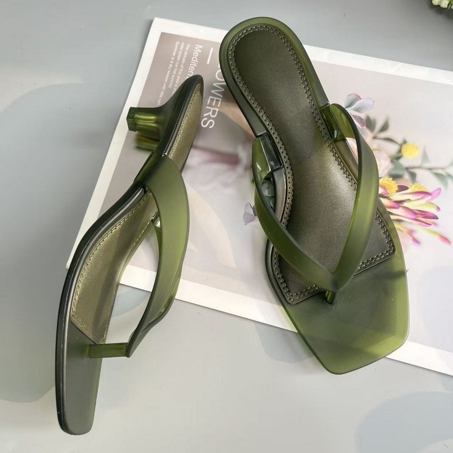 Women'S Fashion Korea - รองเท้าแตะแบบสวมสีเขียวมะกอก PVC สไตล์เกาหลี สำหรับผู้หญิง ส้นเตี้ยแบบใส หัวเหลี่ยม
