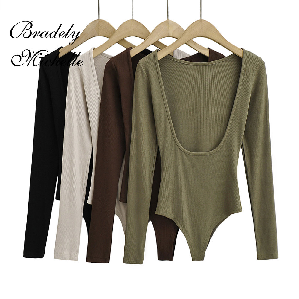 Turtleneck Bodysuit - เสื้อผ้าเซ็กซี่ของผู้หญิงแขนยาวสีทึบเสื้อสวมหัวหนึ่งบรรทัดคอเปลือยบอดี้สูทถักJ Umpsuitด้านบน