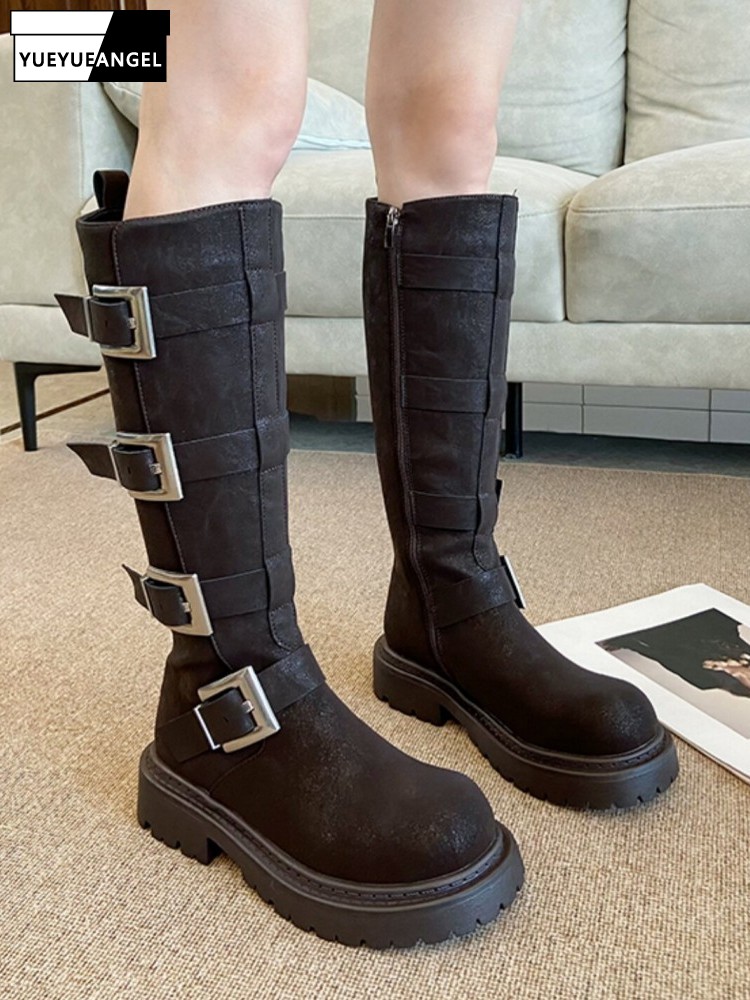 Women'S Fashion Riding Boots - รองเท้าบูทผู้หญิงแฟชั่นแบบหลายหัวเข็มขัด ความสูงระดับเข่า พื้นหนา สไตล์มอเตอร์ไซค์ พังก์ รองเท้าทำงานนิรภัย