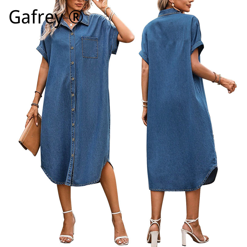 Denim Shorts Women - เดรสยีนส์ผู้หญิงไซส์ใหญ่พิเศษ 4XL 5XL กระดุมหน้า แขนสั้น ความยาวปานกลาง