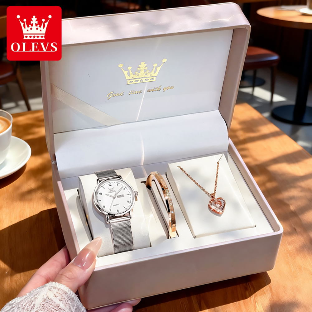 Women'S Fashion Line - OLEVS 2996 นาฬิกาผู้หญิงนาฬิกาควอทซ์หรูหราบางเฉียบกันน้ำปฏิทินคู่นาฬิกาสำหรับผู้หญิงของขวัญกล่องรีโลจ