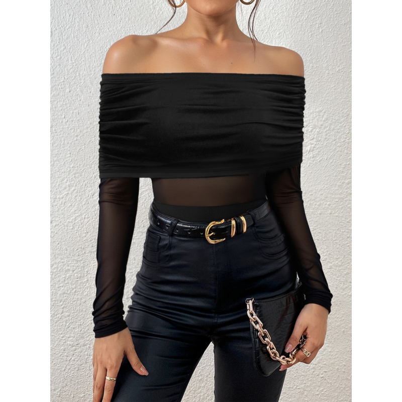 Off Shoulder Top - เสื้อยืดแขนยาวแบบเปิดไหล่สำหรับฤดูใบไม้ผลิและฤดูใบไม้ร่วง, เสื้อบอดี้สูทตาข่ายเย็บต่อกันแบบเซ็กซี่