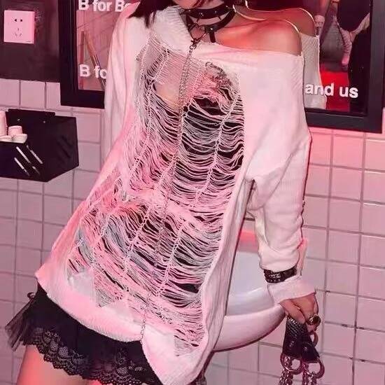Off Shoulder Top - เสื้อสเวตเตอร์ไหมพรมแบบถอดคอได้ สไตล์ฮาราจูกุ สาวเปรี้ยว Y2K มิลเลนเนียม พังก์