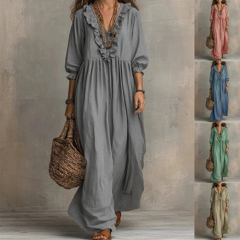 Women'S Fashion Website - เดรสแฟชั่นลำลองคอวีทรงหลวมลายทางแต่งระบายสไตล์ยุโรปและอเมริกาใหม่ปี 2026
