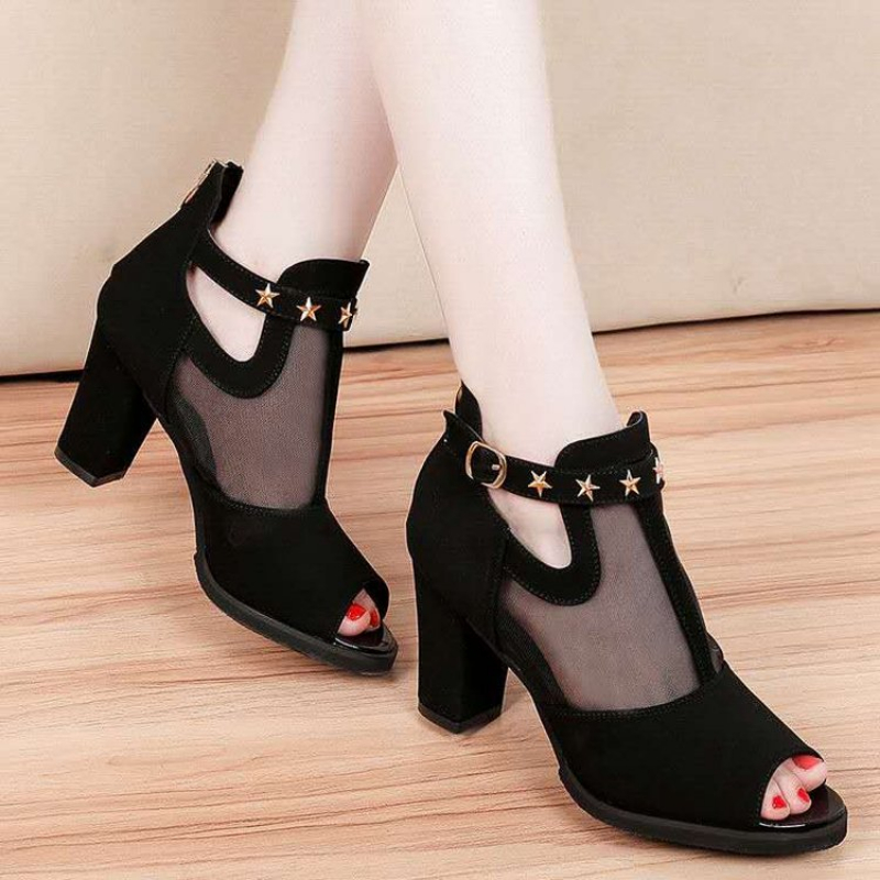 Women'S Fashion Korea - รองเท้าส้นสูงแบบเปิดนิ้วเท้า สไตล์ตาข่าย ประดับดาว สายรัดข้อเท้า พื้นหนา เหมาะสำหรับใส่ทำงาน