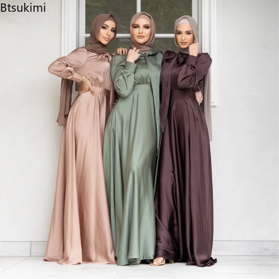 Turkey Women Fashion - Elegant ชุดซาตินสําหรับผู้หญิงมุสลิมแฟชั่น Abaya Hijab ดูไบตุรกีชุดราตรีอาหรับ Kaftan