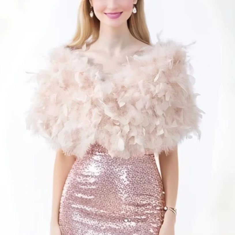 Turkey Women Fashion - ผ้าคลุมไหล่ขนไก่งวงจริงด้วยดอกไม้, ขนยาว, ปุย, เสื้อคลุมขนสัตว์, ห่อ, สีแดง,