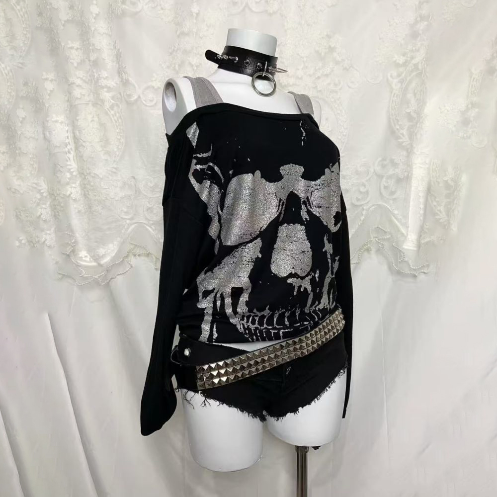 เสื้อยืดสไตล์ Y2K ลายหัวกะโหลก - Off Shoulder Top บทวิจารณ์และราคา