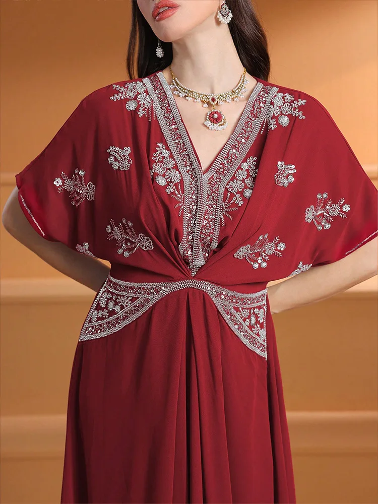 ชุดเดรสยาวคอวีประดับเพชรสำหรับ - Turkey Women Fashion บทวิจารณ์และราคา