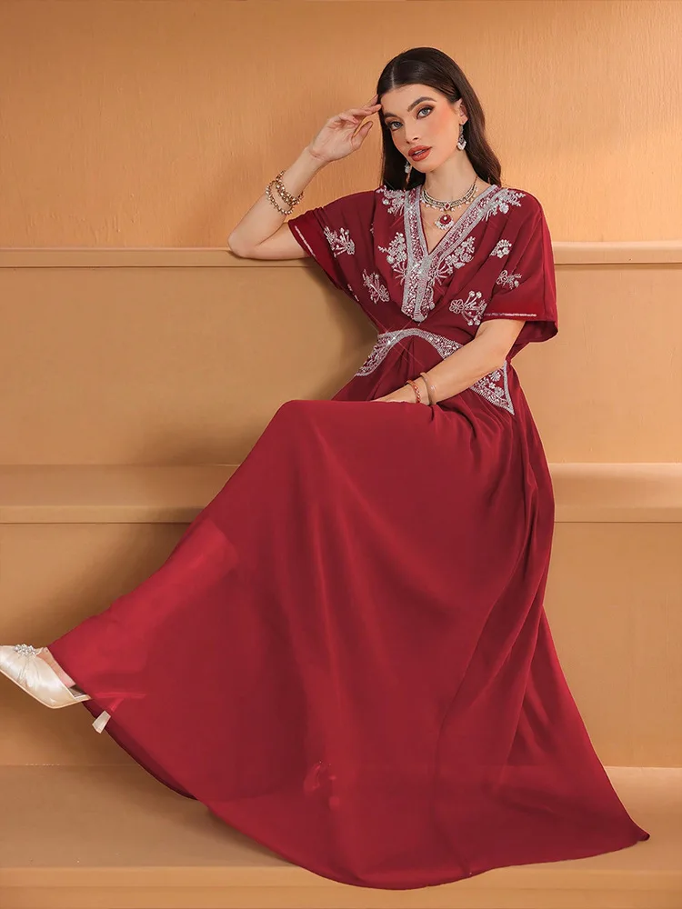 ชุดเดรสยาวคอวีประดับเพชรสำหรับ - Turkey Women Fashion บทวิจารณ์และราคา