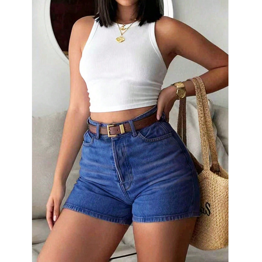 กางเกงยีนส์ขาสั้นเอวสูงทรงสลิม - Denim Shorts Women บทวิจารณ์และราคา