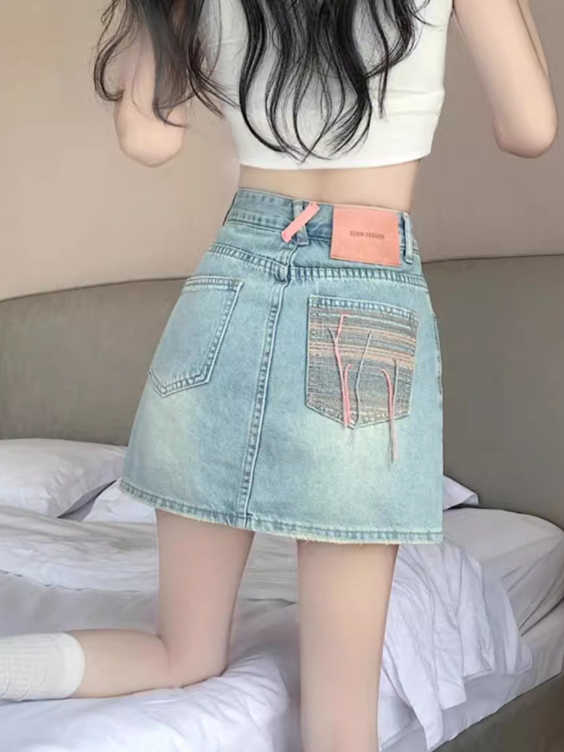 กระโปรงยีนส์วินเทจทรงสั้นเอวสู - Denim Shorts Women บทวิจารณ์และราคา