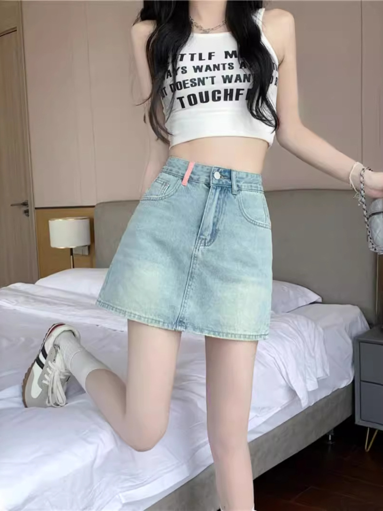 กระโปรงยีนส์วินเทจทรงสั้นเอวสู - Denim Shorts Women บทวิจารณ์และราคา