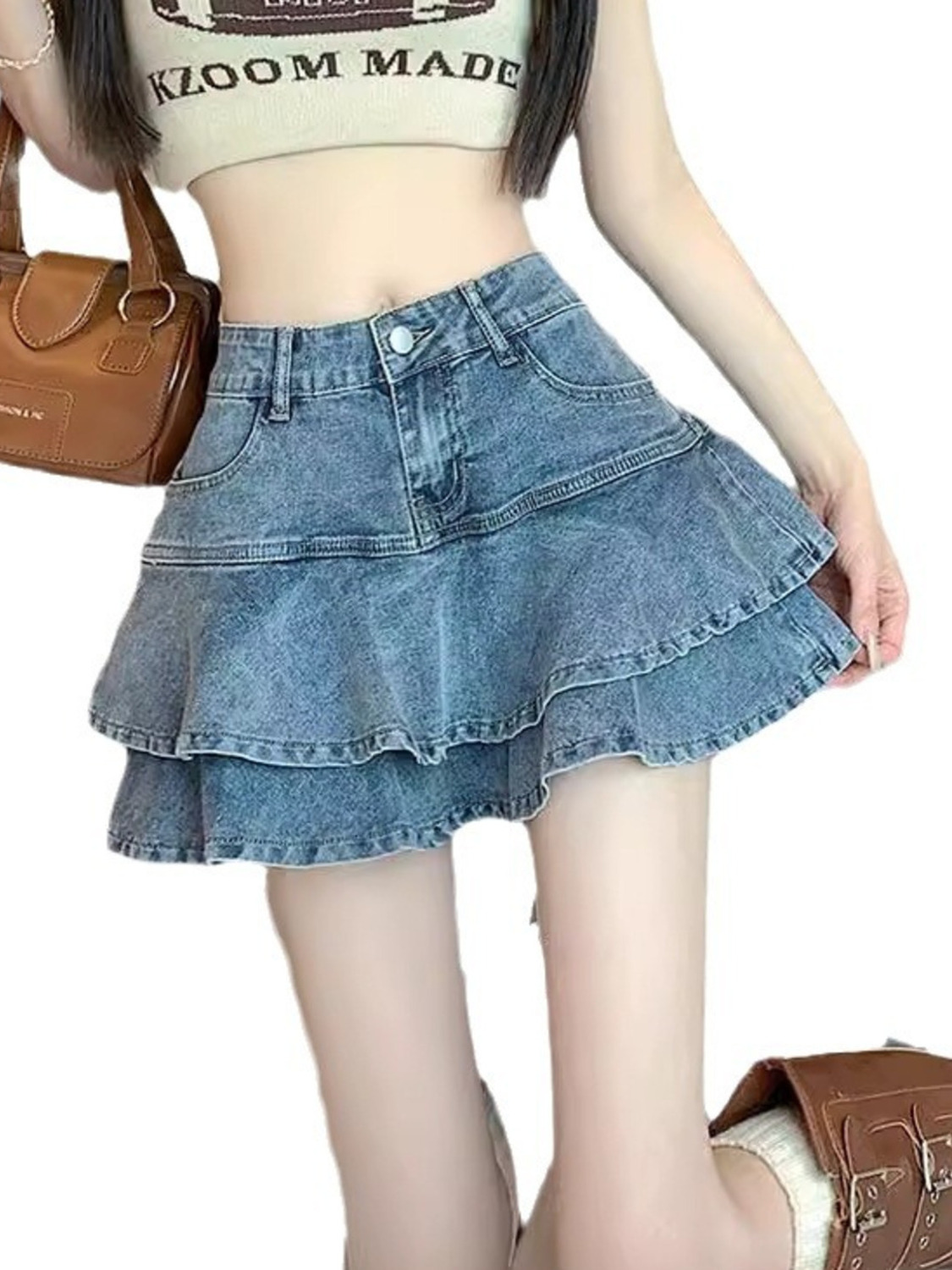 กระโปรงยีนส์วินเทจทรงเอไลน์เอว - Denim Shorts Women บทวิจารณ์และราคา